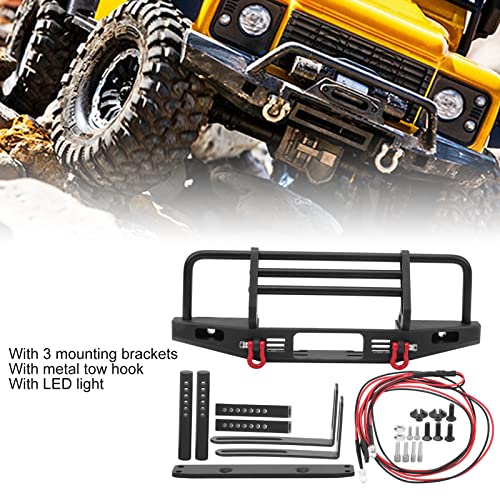 Metal Front Bumper with 2LED Round Light Fit for SCX10 90046 1/10 RC Car Accessory Adjustable Height Strong Metal Bumper for RC Crawler Track Black