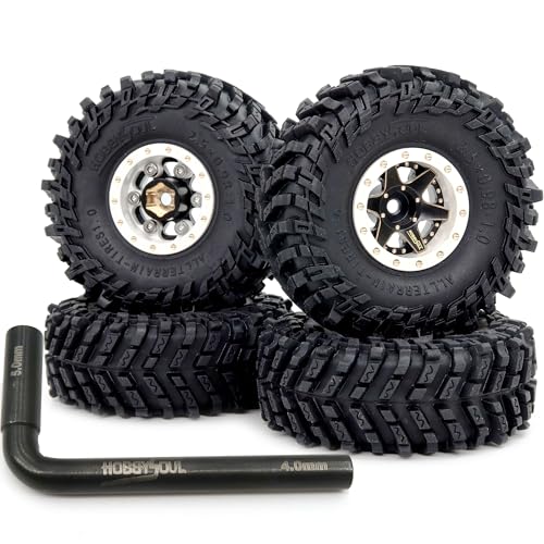 64mm Soft Sticky 1.0 Tires & 1.0 beadlock Wheels Brass Rims, -1.5mm & -5.5mm Negative Offset 1.0 Wheels and Tires for RC Mud Crawler All Terrain 1/18 TRX4M 1/24 SCX24 - color: White & Black