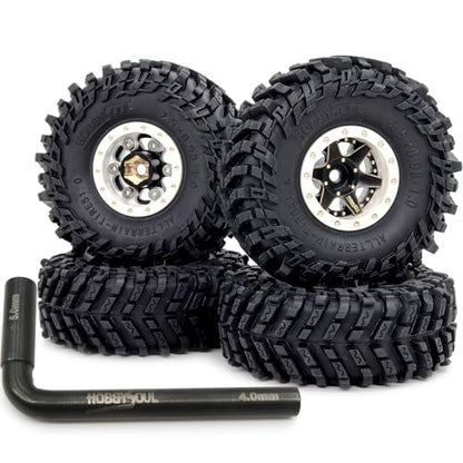 64mm Soft Sticky 1.0 Tires & 1.0 beadlock Wheels Brass Rims, -1.5mm & -5.5mm Negative Offset 1.0 Wheels and Tires for RC Mud Crawler All Terrain 1/18 TRX4M 1/24 SCX24 - color: White & Black