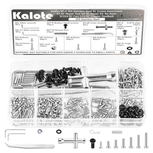 344Pcs RC Screws Kit M1.4 Stainless Steel Hex Fasteners Assortment | With M2 Lock Nuts, R-Clips, M2 & M1.27 Repair Tool, For 1/18-1/24 Trx4m Scx24 Rc Crawler Upgrades/Maintenance, Storage Case - color: 344pcs Silver