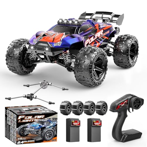 RC Cars 1:14 All Terrain Off-Road RC Truck, 4WD Fast Remote Control Car 40+ KPH, 4X4 Waterproof RC Vehicle with 2 Rechargeable 1300 mAh Batteries and 2 Sets of Tires