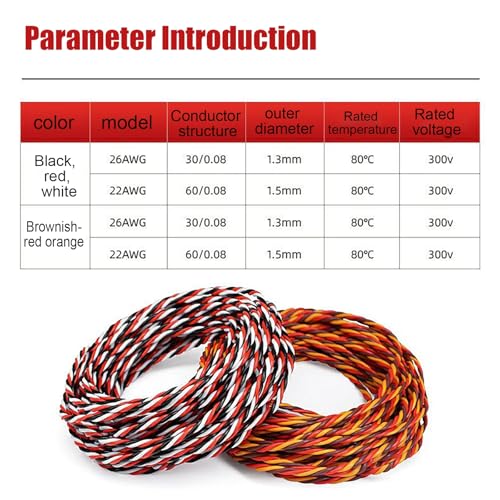 RC Servo Extension Wire 26AWG 22AWG Twisted Cable Tinned Copper Signal Line Silicone Insulated Flexible Lead for RC Plane Car Boat Model Electronics(Black-red-White(26AWG),100FT) - color: Black-red-white(26AWG), size: 100FT