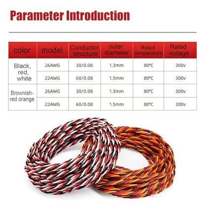 RC Servo Extension Wire 26AWG 22AWG Twisted Cable Tinned Copper Signal Line Silicone Insulated Flexible Lead for RC Plane Car Boat Model Electronics(Black-red-White(26AWG),100FT) - color: Black-red-white(26AWG), size: 100FT