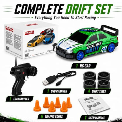 Liberty Imports RC Drift Car 1/24 2.4GHz 4WD Remote Control Sport Racing On-Road Vehicle with LED Light, Batteries and Drift Tires (Style 3) - style: Green