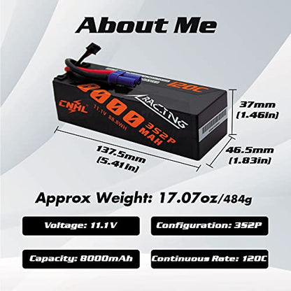 CNHL 8000mAh 11.1V 3S LiPo Battery 120C with EC5 Plug (2 Packs) | Heavy duty RC battery for 1/8, 1/10, 1/12 scale RC cars, trucks, boats, and LOSI Associated hobby racing vehicles.