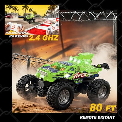 BEZGAR Monster Truck Toys - 2.4GHz 1:64 Remote Control Car with Colorful Lights, 360° Spins, Metal Shell - Remote Control Monster Truck for Boys Girls Age 6, 7, 8, 9, 10 Years Old(Green) - color: Green
