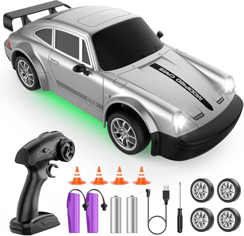 RC Drift Car 1:24 Scale, 4WD Remote Control Car with LED Lights 20KM/H High Speed, Dual-Mode Racing & Drifting Toy Car with 2 Batteries, Gift for Kids & Adults, Silver - color: Silver