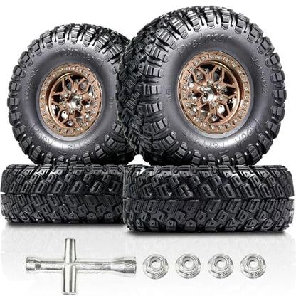 2.2 RC Crawler Tires 1/10 Beadlock Wheels 12mm Hex, Mud Terrain Rock Tires Soft Rubber 5.0x1.9, Aluminum Beadlock Rims 5.5mm Offset, RC Wheel Tire Set for SCX10 TRX4 TRX6 Gen8 VS4-10 D90 CFX - color: Bronze