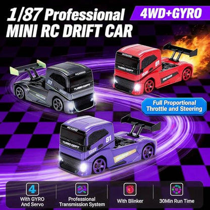 1/87 Scale Drift Rc Car - Semi-Truck Edition | 2.4GHz 4WD High-Speed Mini Remote Control Truck with Racing Lights (Gray)