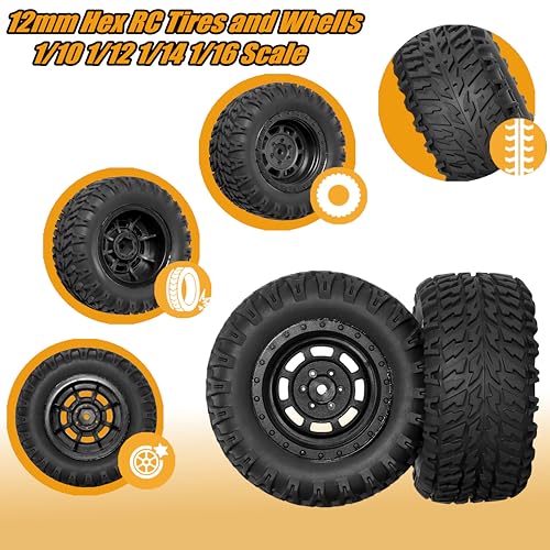 12mm Hex RC Wheels and Tires for 1/14 Hyper Go H14BM Tires and Wheels for 1/10 Scale Traxxas RC Short Course Truck Riaario Amoril Mini RC Truck Tires Wheels PreGlued 4PCS