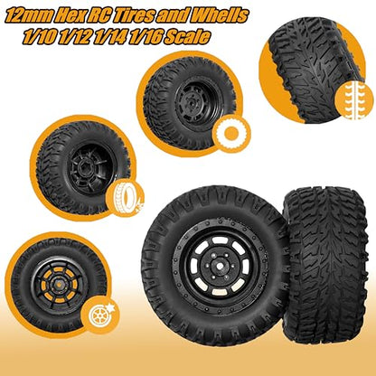 12mm Hex RC Wheels and Tires for 1/14 Hyper Go H14BM Tires and Wheels for 1/10 Scale Traxxas RC Short Course Truck Riaario Amoril Mini RC Truck Tires Wheels PreGlued 4PCS