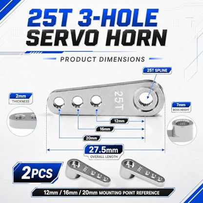 2PCS 25T Aluminum Servo Horn, 3-Hole RC Steering Arm for Futaba Savox MG995 | CNC Aluminum Servo Arm M3 Thread Adjustable Linkage 12mm 16mm 20mm Positions 1/8 1/10 RC Power HD MG996 Crawler Buggy Truck - color: Silver