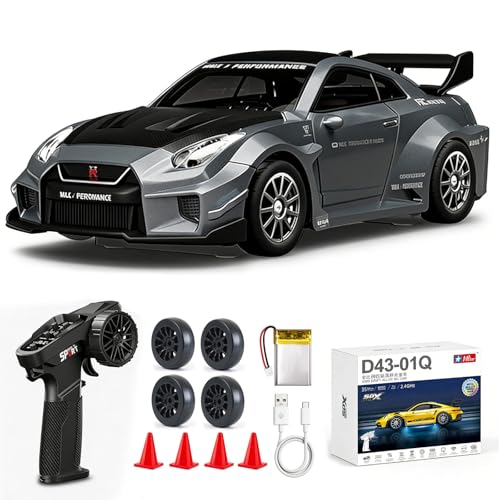 1/43 Scale RC Drift Car, Mini GTR35 RC Model Car 2.4GHz 4WD RC Alloy D43 Vehicles with Gyro & LED Lights for Adults Hobby Toys (Gray) - color: Gtr-gray