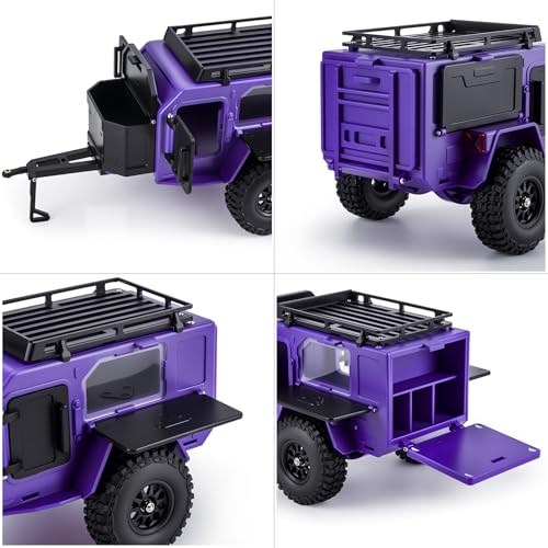 AMK 1/18 1/24 RC Crawler Trailer, Scale Off-Road Camping Trailer with Roof Rack & Storage Box, Tow Trailer for SCX24 TRX4M FCX24 AX24 Bronco Defender K10 F150 RC Accessories (Purple) - color: Purple