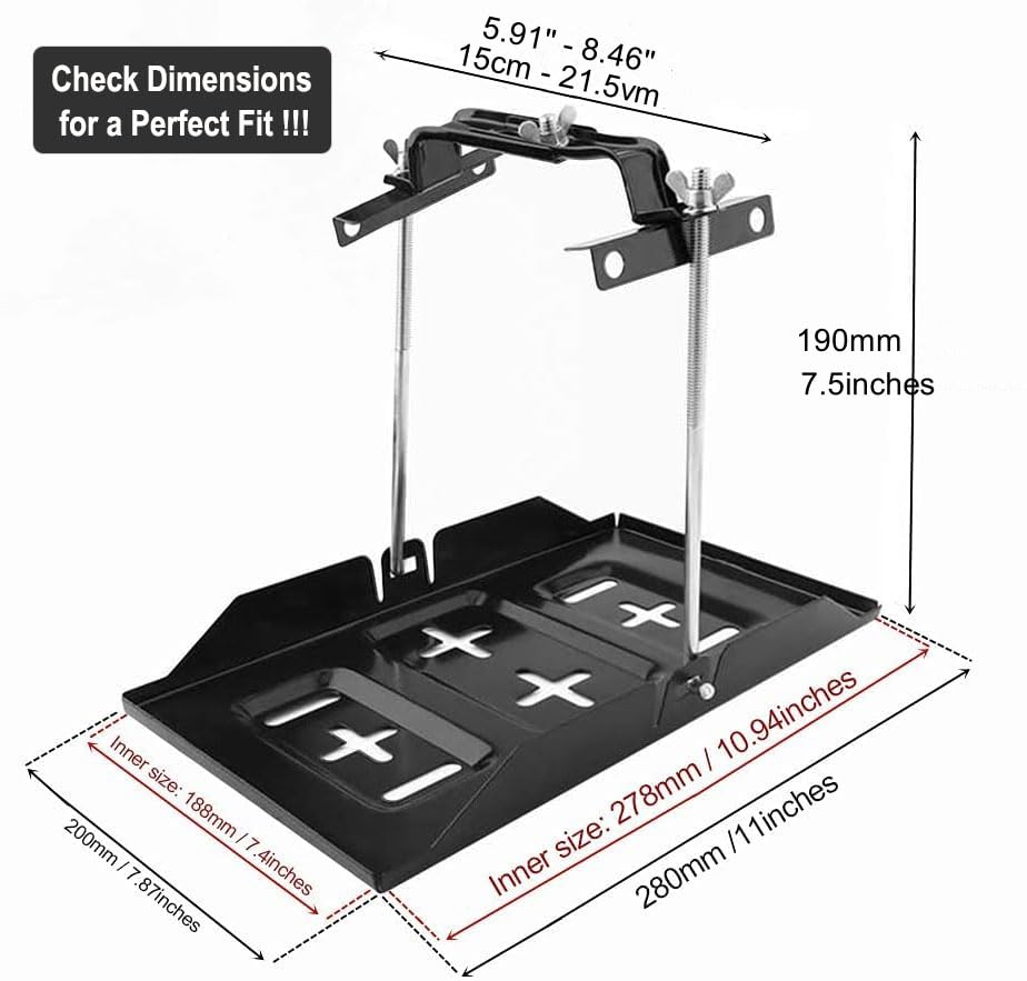 THEPRO Battery Hold Down Tray Kit, Corrosion-Resistant Steel Storage Battery Holder Adjustable Bracket Clamp for Car, Boat, Marine (7.48'' Bolt with 11'' Battery Tray) - size: 7.48'' Bolt with 11'' Battery Tray