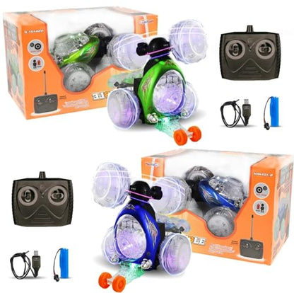 Haktoys 2-Pack Rechargeable RC Tornado Stunt Cars – Remote Control Flip Trucks with 360° Spins & Turbo Twister Action | Double-Sided Stunt Vehicles for Kids Toddlers Boys & Girls (Green & Blue) - color: Blue & Green