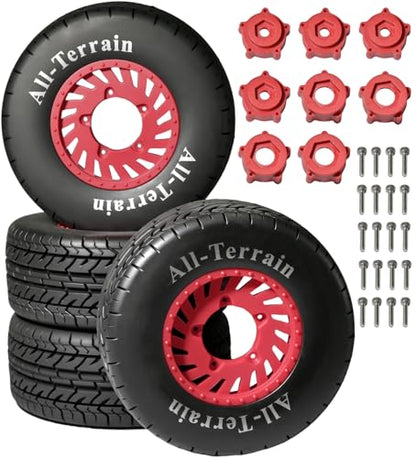 1/10 RC Short Course Truck Rubber Tires & Nylon Rims - 12mm/17mm Hex, Red | All-Terrain Tires and Wheels Compatible with 1/10 Traxxas Slash 4WD 2WD Arrma Senton Axial Losi Redcat RC Buggy, 4-Pack - color: Red