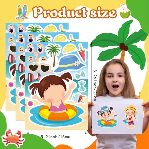 24PCS Summer Stickers for Kids, Make-a-face Stickers, Make Your Own Sticker | Ideal Summer Crafts for Girls Boys, Preschool Holiday Party, Goodie Bags Stuffers - style: 24 Sheet Summer Stickers