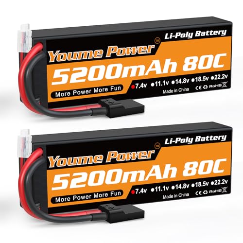 Youme 2S Lipo Battery 7.4V 5200mAh 80C Hardcase Tr for RC Truck Boat 2pcs | 7.4V RC Lipo Batteries 5200mAh 80C Hard Case for Most 1/8 1/10 RC Car/Vehicle/Truck/Buggy Boat Drone Models