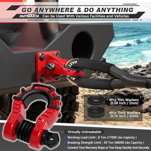AUTMATCH D Ring Shackles 3/4" Mega Shackle (2 Pack) 68,000Ibs Break Strength - Heavy Duty Clevis Shackle 7/8" Screw Pin & Isolator Washer for Tow Strap Winch Off Road Vehicle Recovery, Red & Black - color: Red & Black
