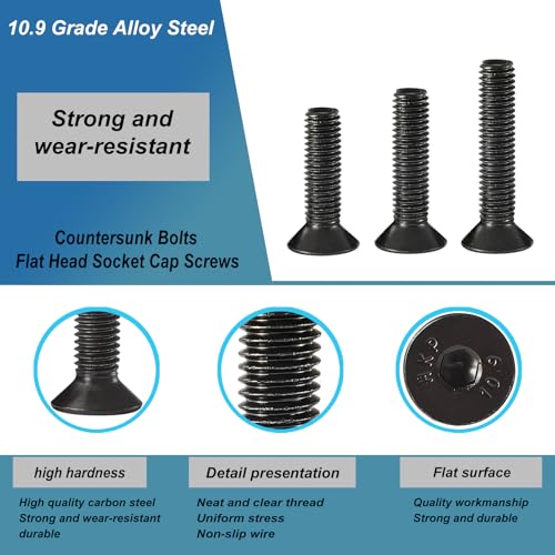 M5 x 40mm 45mm 50mm 55mm 60mm Flat Head Hex Socket Cap Screws, Countersunk Bolts, 10.9 Grade Alloy Steel, Black Oxide Finish, Metric Allen Hex Drive, Fully Threaded, Assortment Kit 30Pcs - size: M5 x 40/45/50/55/60 mm