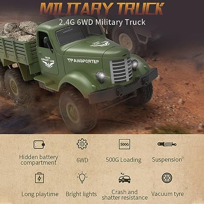 GoolRC RC Military Truck, 1:16 Scale Remote Control Car, 6WD RC Army Car, All Terrain Off-Road RC Truck, 2.4GHz Electric Military Transporter Vehicle with Headlights for Adults