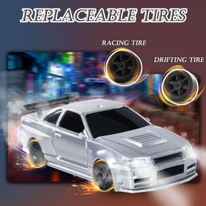 1/43 Mini RC Drift Car with Gyroscope, 2.4GHz 4WD Full Proportional High Speed Micro Hobby RC Cars with Lights Racing Tires, Fast Small Remote Control Car, Toy Model Gift for Adults Kids Boys Girls - color: Silver-g