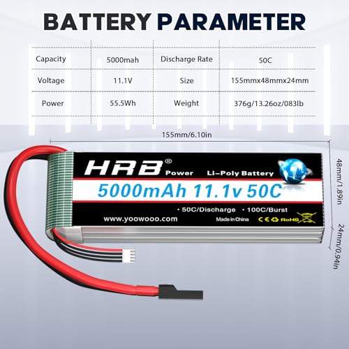 HRB 3S 5000mAh Lipo Battery 11.1V 50C TR Compatible with RC Plane