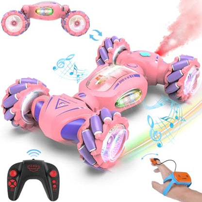 Fosgoit Pink Remote Control Car Toys Gifts for Girls 6-12 | with Light & Music & Spray, 2.4Ghz 4WD Double-Sided 360° Rotating Gesture Sensing RC Stunt Car, Birthday for Girls Kids - color: Pink