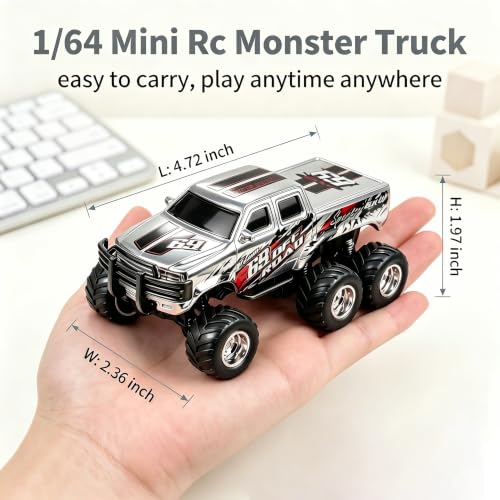 haomsj 1/64 Mini Rc Monster Truck 6x6 Off Road Remote Car for Kids & Adult | Sturdy Metal Car|3 Speeds|2.4G Flexible Remote Control|Long Lasting|Fast Charge|All-Terrain|Gift for Boys Age 3-12 - color: Gray
