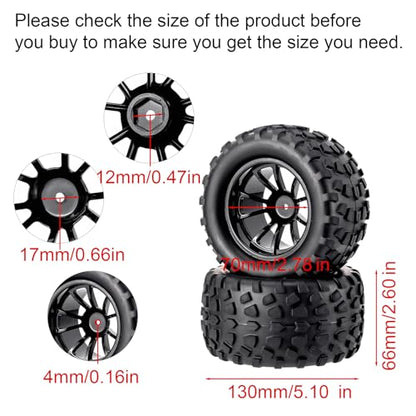 4X RC 1/10 Scale Monster Truck Tires Gravel Tread w/ 5 Spokes Wheel Rim | Black, For Stampede HSP Redcat Volcano XTE PRO - style: Twin 5 Spokes-Black