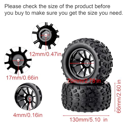 4X RC 1/10 Scale Monster Truck Tires Gravel Tread w/ 5 Spokes Wheel Rim | Black, For Stampede HSP Redcat Volcano XTE PRO - style: Twin 5 Spokes-Black