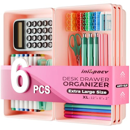 [6 PCS Extra-Large] Pink Drawer Organizer Trays with Non-Slip Pads, Interlocking Storage Bins for Vanity, Desk, Bathroom, Kitchen, Home Office and Utility Drawers - color: 6PCS PINK(XL)