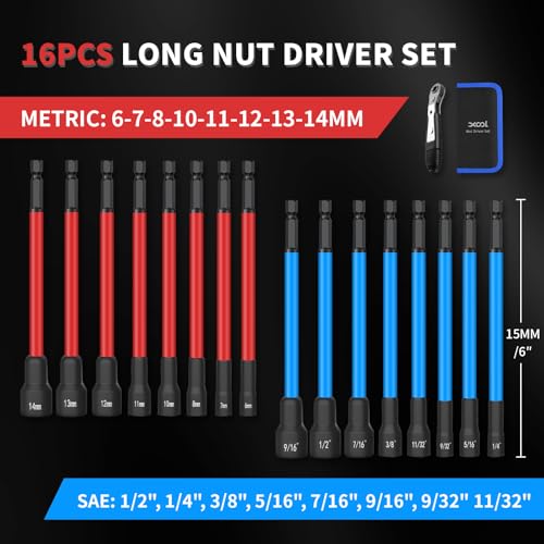 XOOL 16 PCS Long Magnetic Nut Driver Set, 6" Metric & SAE Nut Driver Bit Set for 1/4" Quick-Change Hex Shank, Impact Drill, with Mini Ratchet Wrench & Storage Bag