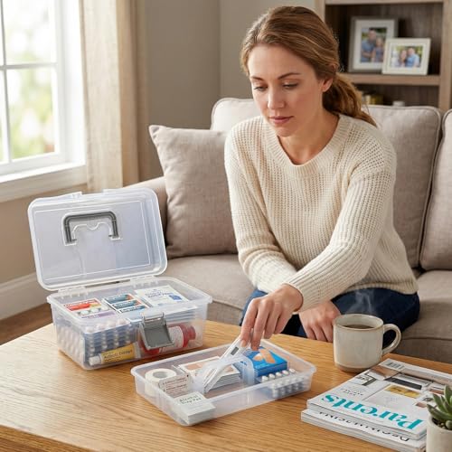 MyGift 10.2 Inch Transparent Plastic Empty Arts and Crafts Tackle Box | Gray Handle and Removable Tray for Tools, First Aid, Sewing Kit Clear Storage Container Craft Supplies Organizer Bead Jewelry