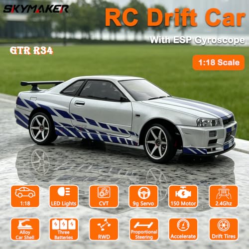 LD1899 GTR R34 1/18 RWD RC Drift Car with 3 Batteries (Silver) | 2.4GHz RWD Drift Car With Gyro,LED Lights & 3 Batteries Silver - color: Gtr R34 Silver With 3 Batteries