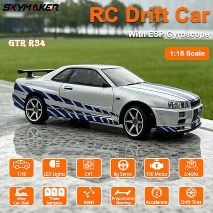 LD1899 GTR R34 1/18 RWD RC Drift Car with 3 Batteries (Silver) | 2.4GHz RWD Drift Car With Gyro,LED Lights & 3 Batteries Silver - color: Gtr R34 Silver With 3 Batteries
