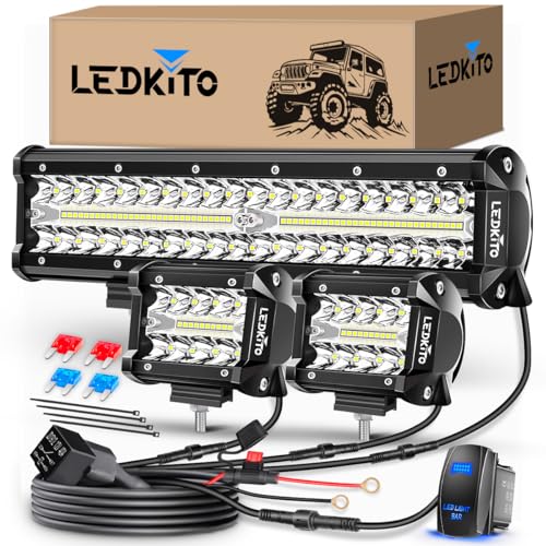 12Inch LED Light Bar and 2PCS 4Inch LED Cube Pod Lights Off Road Driving Light with Rocker Switch 3Lead Wiring Harness Kit Spot Flood Combo Triple Row Light Bars for SUV UTV ATV Truck Tractor - size: 12+4in LED Light Bar Kit with Rocker Switch