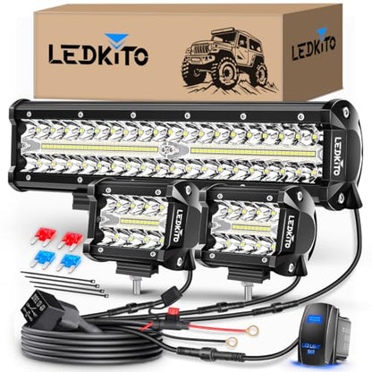 12Inch LED Light Bar and 4In LED Cube Pod Lights with Wire Harness | Spot Flood Combo Triple Row Off Road Driving Work Lights with 3Pin Rocker Switch 3Lead for SUV UTV ATV Je-ep Pickup Golf Ford - size: 12+4in LED Light Bar Kit with Rocker Switch
