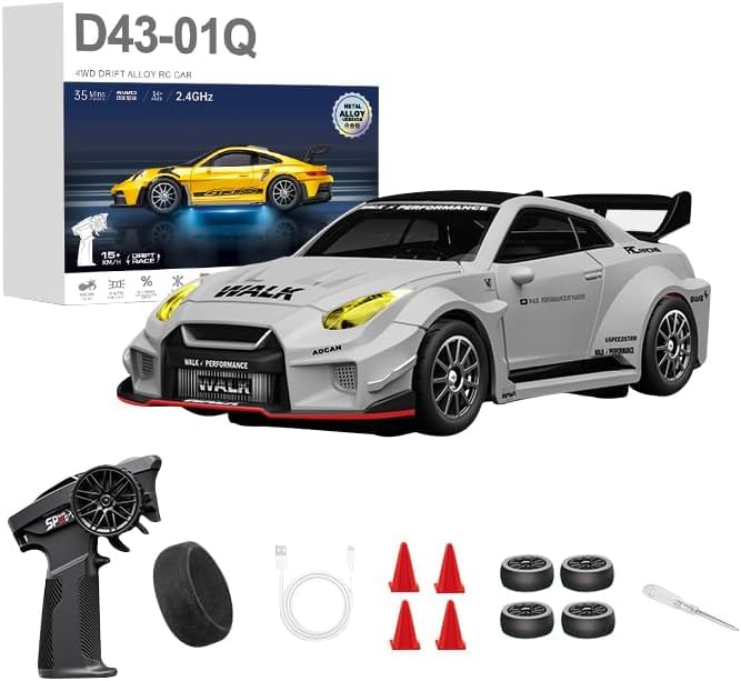 1:43 RC Drift Car 20KM/H with Gyro, 2.4G 4WD Full Proportional Alloy Sport Racing Car, Adjustable Speed, LED Lighting for Teens & Adults-D43-02 - color: Q10/Gray