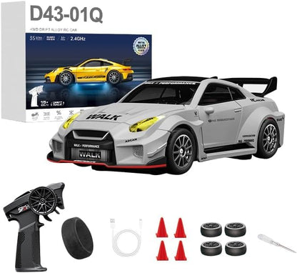 1:43 RC Drift Car 20KM/H with Gyro, 2.4G 4WD Full Proportional Alloy Sport Racing Car, Adjustable Speed, LED Lighting for Teens & Adults-D43-02 - color: Q10/Gray