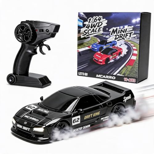 1/64 Scale Mini RC Drift Car, 60 Mins Playtime 2.4GHz Remote Control Car with 2-Speed Modes & LED Lights, Micro 4WD RC Stunt Race Car, (Black) - color: Black