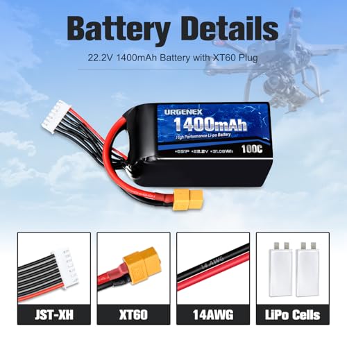 6S Lipo Battery 1400mAh 22.2V 100C with XT60 Plug Fit for FPV Drone Quadcopter Helicopter Airplane Rechargeable Racing Battery - style: 2PACK