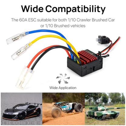 2026 New 60A Waterproof Brushed ESC 2-3S Electronic Speed Controller WP 1060 RC ESC Brushed with Power Witch for 1/10 Scale RC Crawler Car, Boats, Truck (Tamiya-Plug) - color: Black-white