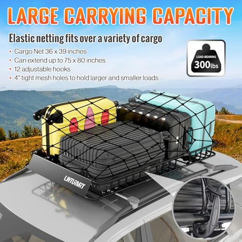 LWTURMRT 64 x 39 Inch Universal 300LB Heavy Duty Roof Rack Cargo with Cargo Net, Car Top Luggage Holder Carrier Basket for SUV,Truck or RV Camping Storage Steel Construction