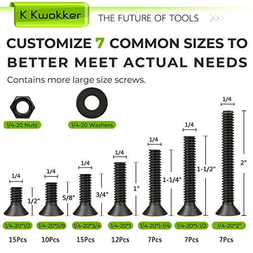 1/4 20 Bolt and Nuts, with Washers for Screws, Hex Socket Flat Head 7 Sizes are 2", 1-1/2", 1-1/4", 1", 3/4", 5/8", 1/2", 10.9 Grade Alloy Steel, Black, Full Machine UNC Thread - size: 1/4 20 Hex Socket Flat Head