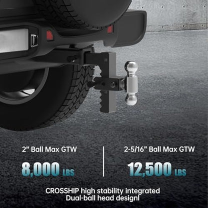 Adjustable Drawbar Trailer Hitch - Heavy Duty Aluminum Drop Hitch - Fits 2" Receiver, 8" Drop/Rise, for Truck, SUV, RV(12500 Lbs GTW) - color: Black, size: 2" 8 Drop-Dual Ball