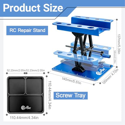 RC Stand Lift Lower with 3-Slot Screw Tray for 1/8 1/10 1/12 Scale, Blue | Aluminum RC Car Work Stand Repair Tool Set for RC Cars Crawler Truck Traxxas TRX4 Axial SCX10 Upgrade - color: Blue, With 3-slot Screw Tray