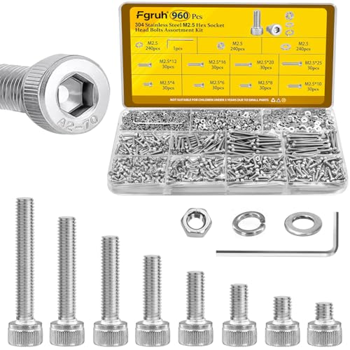 960pcs M2.5 Screws with Nuts Assortment kit, M2.5x4/6/8/10/12/16/20/25 mm 304 Stainless Steel Hex Socket Head Bolts with Flat & Lock Washers Assorted Set - size: SS M2.5 960pcs
