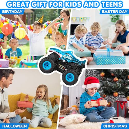 DYODYORC Remote Control Car, 2.4Ghz All Terrain Shark Monster Truck Toys, RC Truck with Music, 3 Lighting Effects, 360 Stunt Capable, 2 Batteries Ready to Run, Toy Gifts for Boys and Girls (Blue) - color: Blue Shark